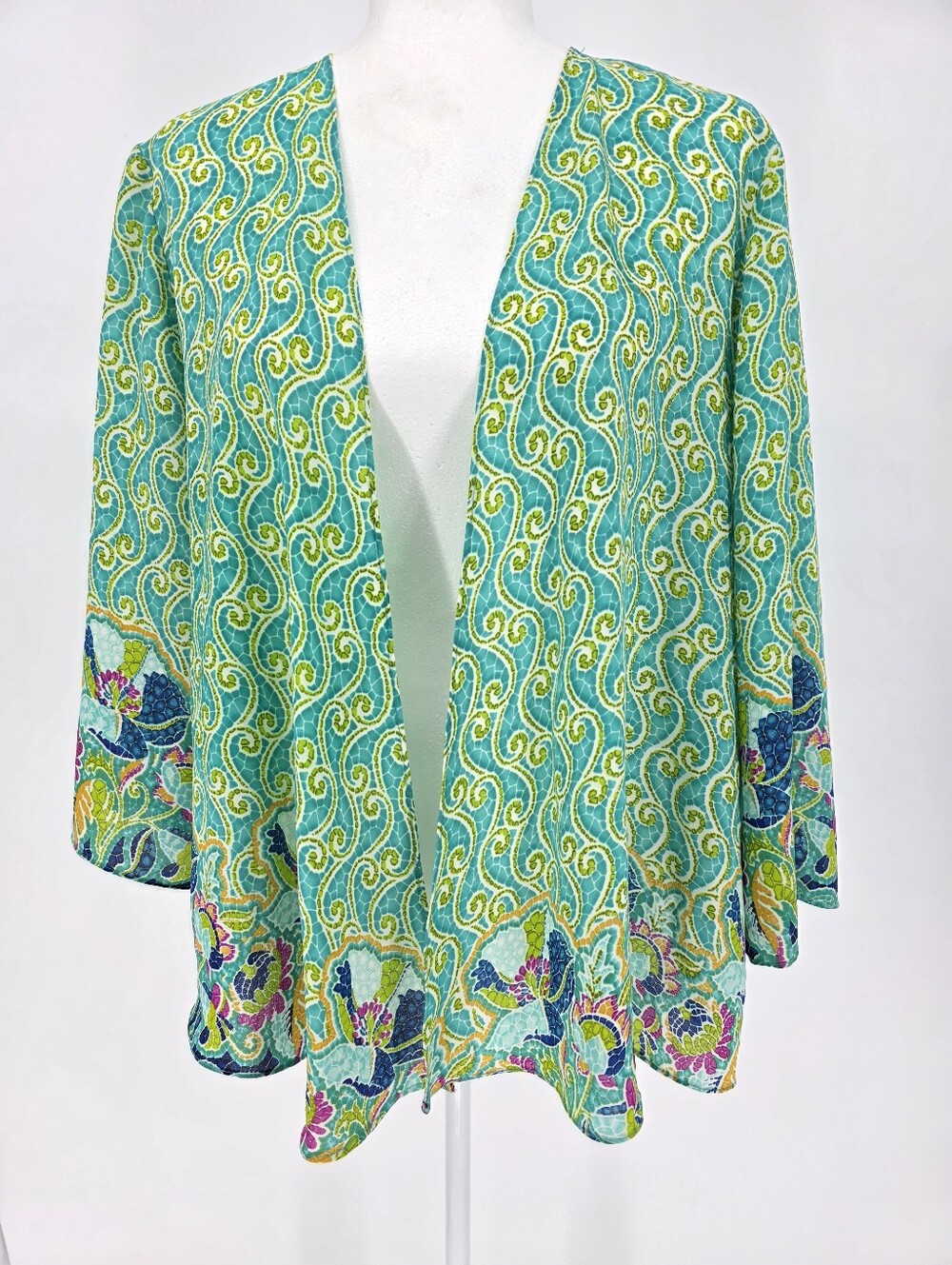 Lavender & Honey Open Front Kimono Cardigan Size L Turquoise Boho Floral